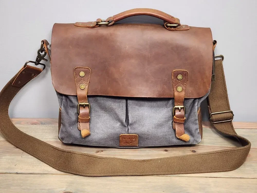 Wowbox Brown Gray Leather Detachable Strap Buckle Messenger Bag